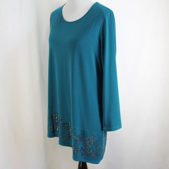 Susan Graver Artisan Top Womens Size M Teal Asymmetrical Long Sleeve Liquid Knit - Picture 3 of 7